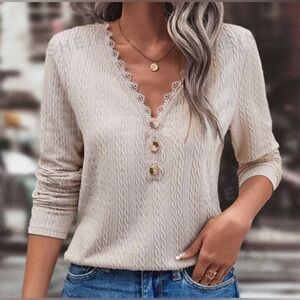 SHEIN LUNE Guipure Lace Trim Button Front Tee